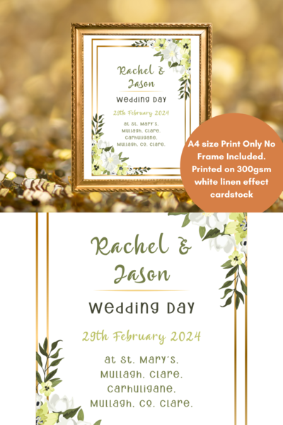 Wedding print personalised with yellow and white floral leaves