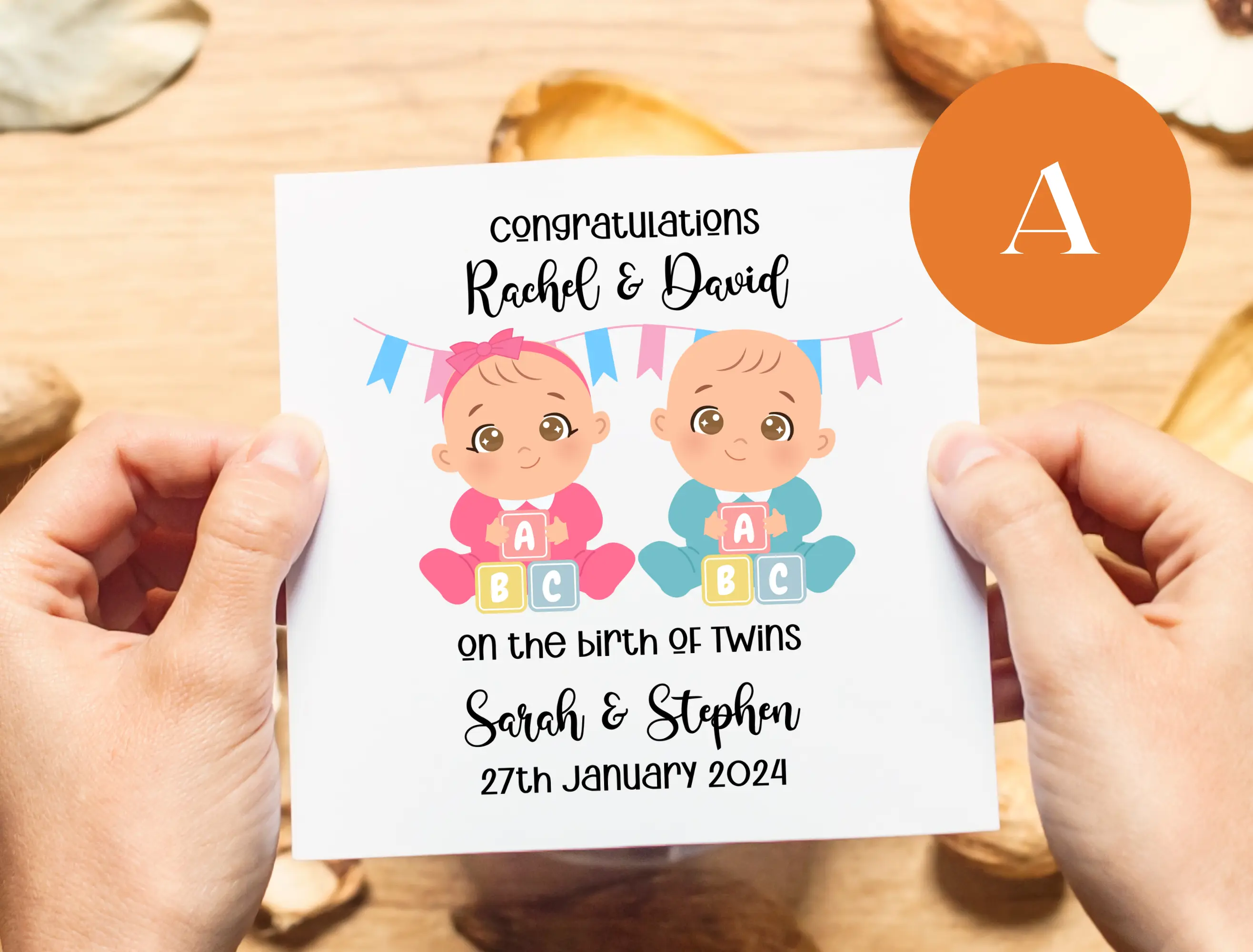Cute personalised newborn twins card for boys or girls