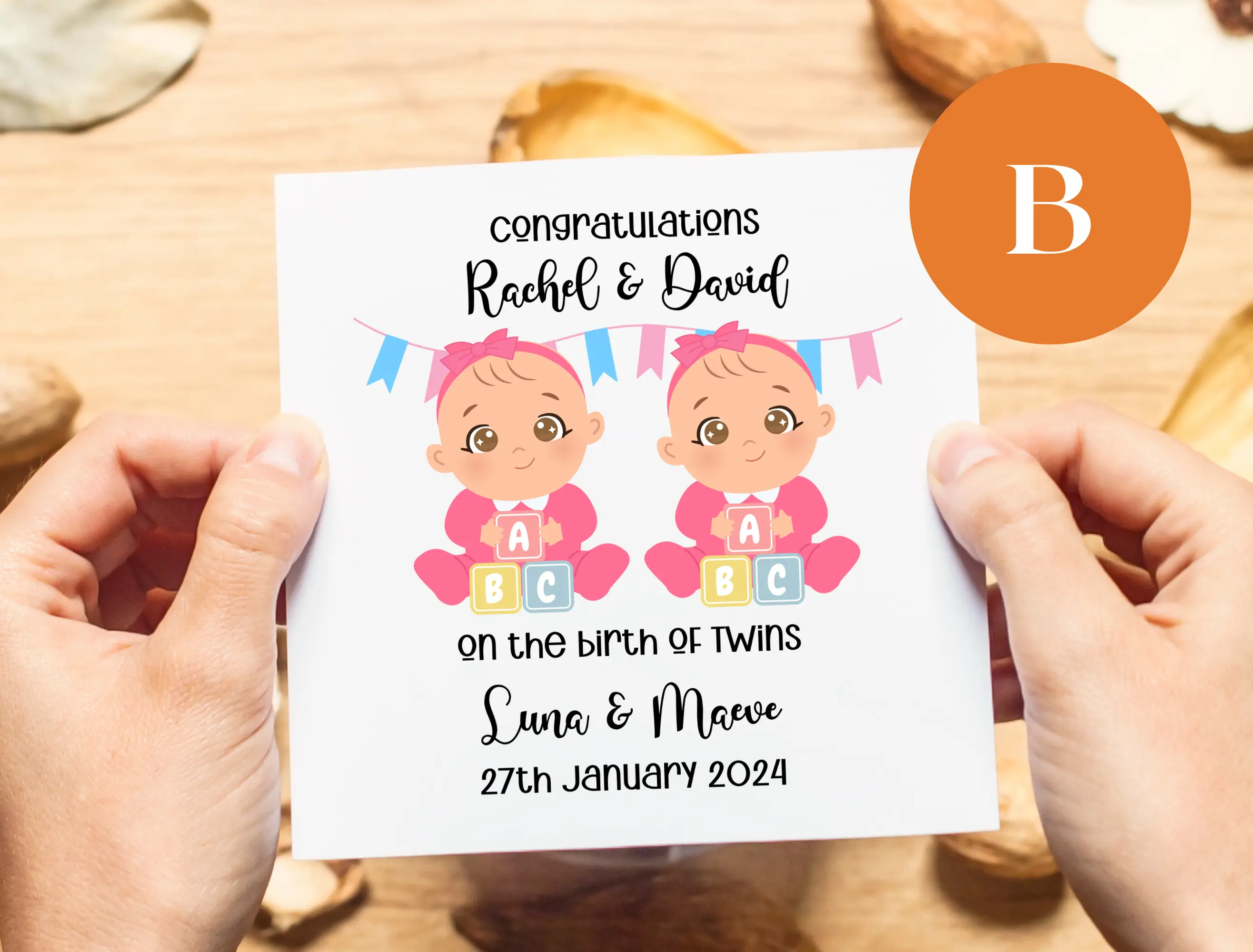 Cute personalised newborn twins card for boys or girls