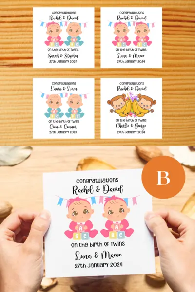 Cute personalised newborn twins card for boys or girls