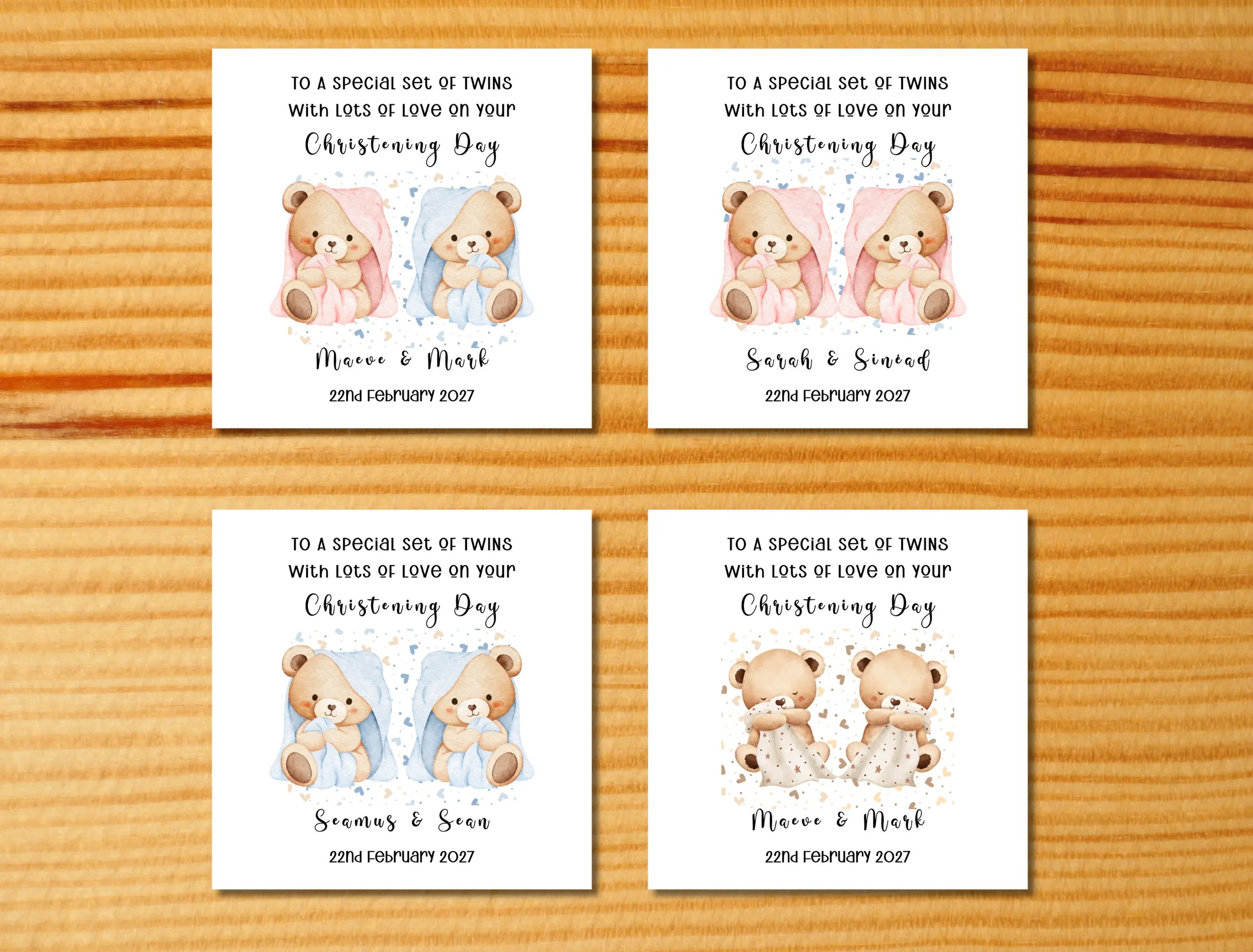 Cute twins christening card teddies personalised