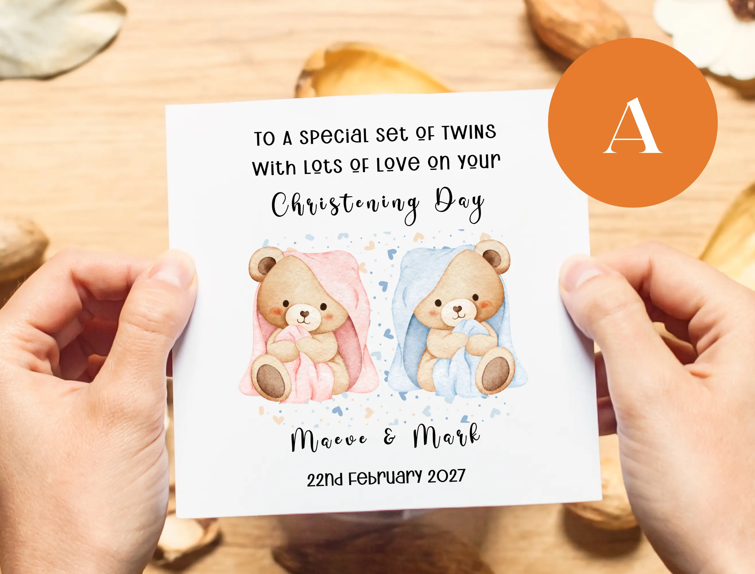 Cute twins christening card teddies personalised