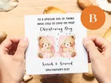 Cute twins christening card teddies personalised