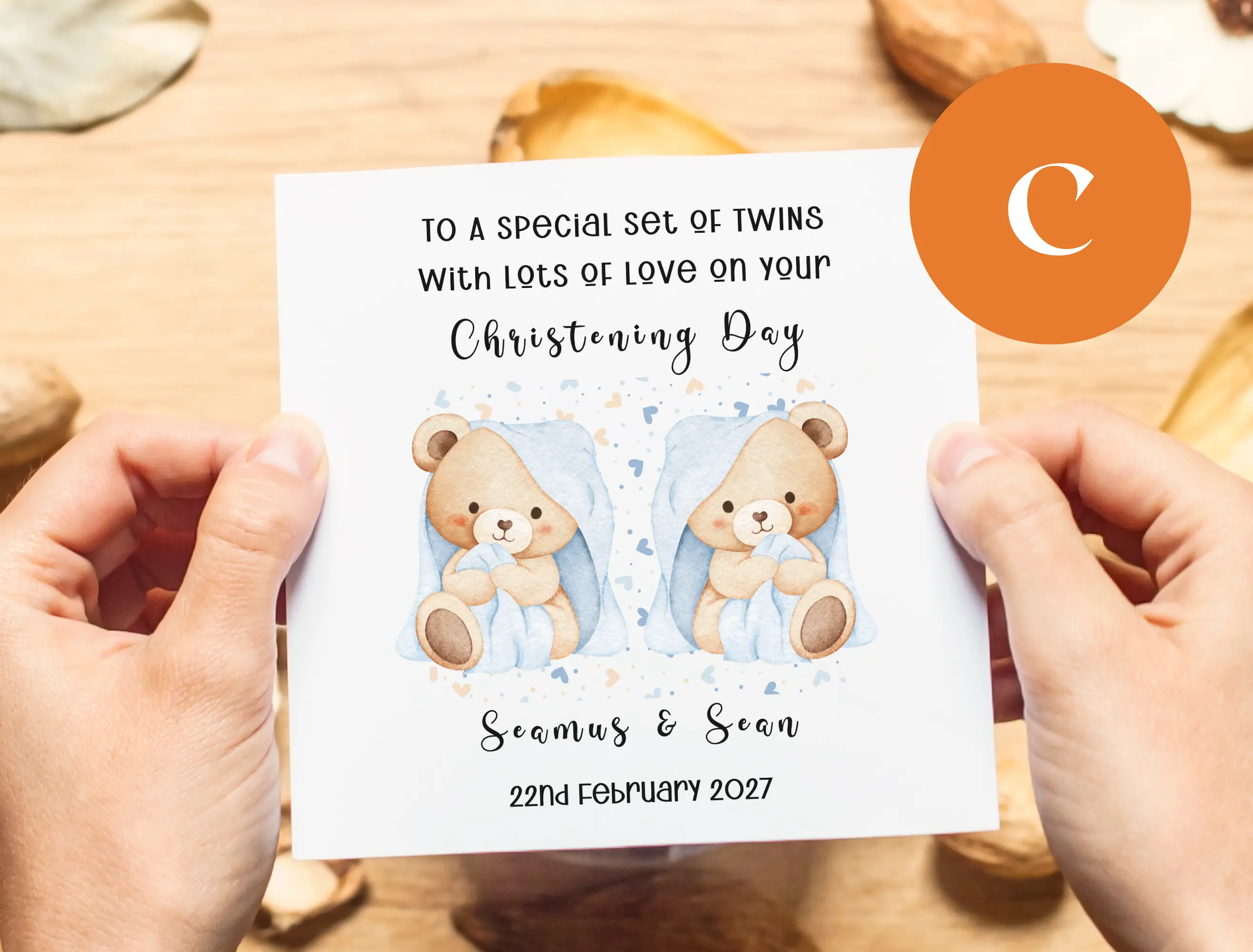 Cute twins christening card teddies personalised