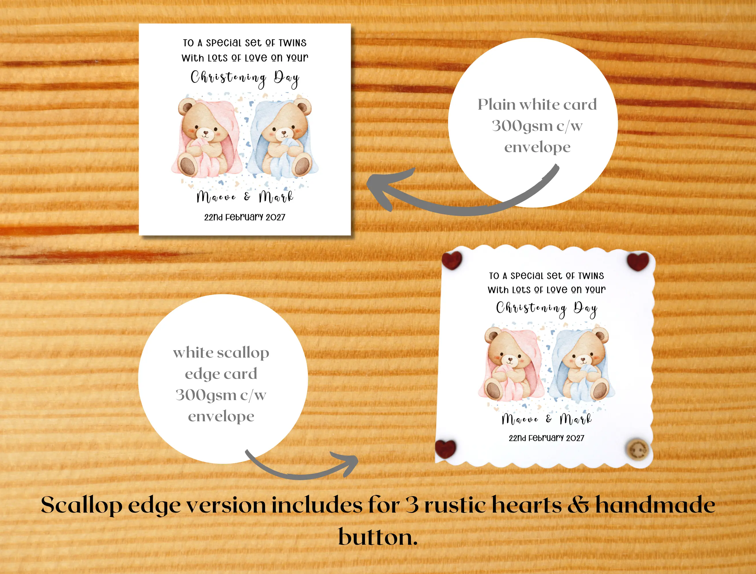 Cute twins christening card teddies personalised