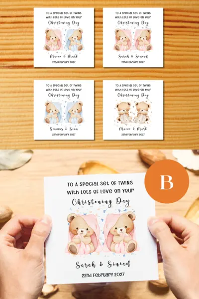 Cute twins christening card teddies personalised