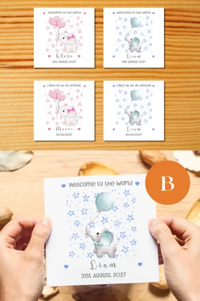 New baby card personalised cute elephants