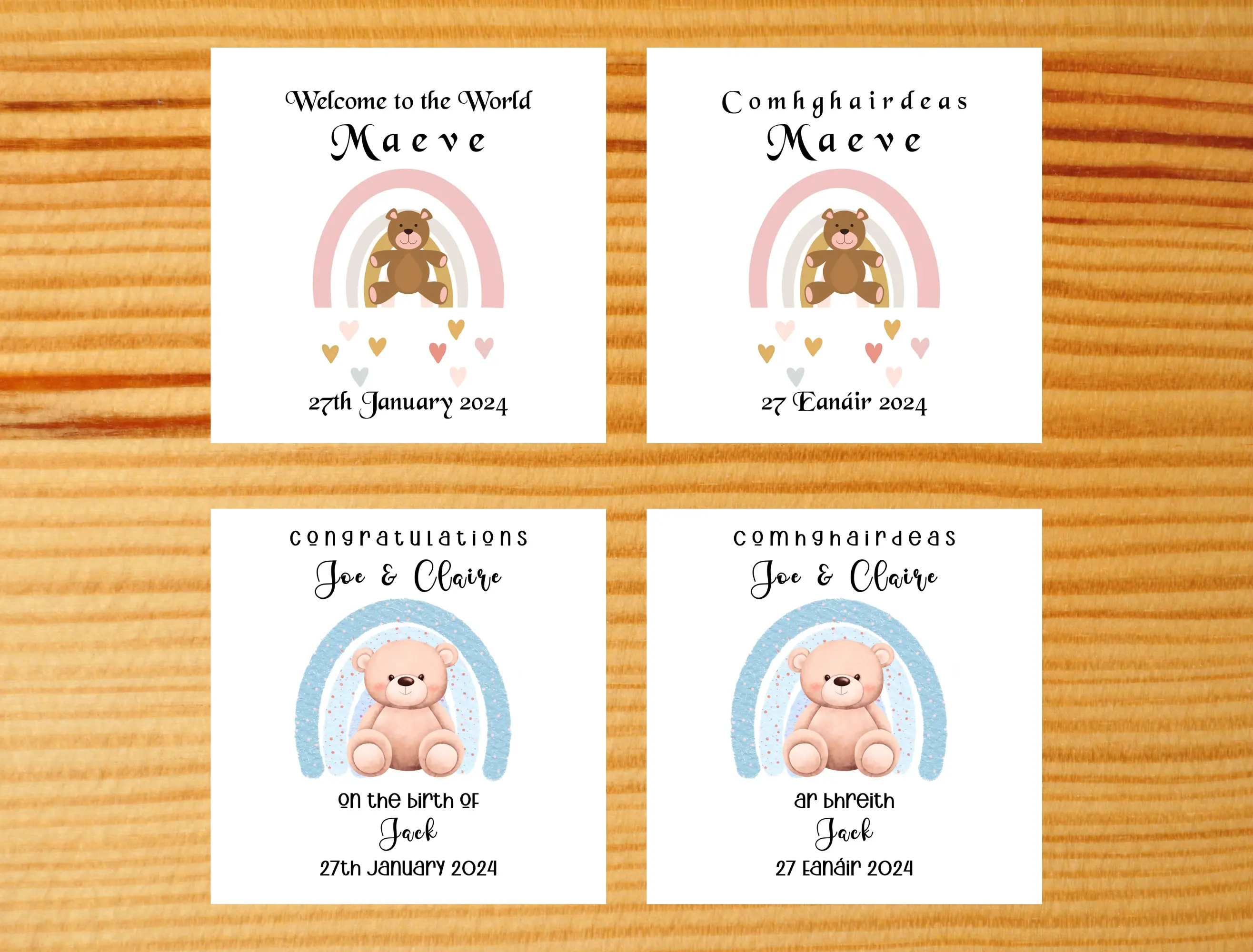 Newborn personalised baby card with teddies Irish or English