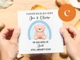 Newborn personalised baby card with teddies Irish or English
