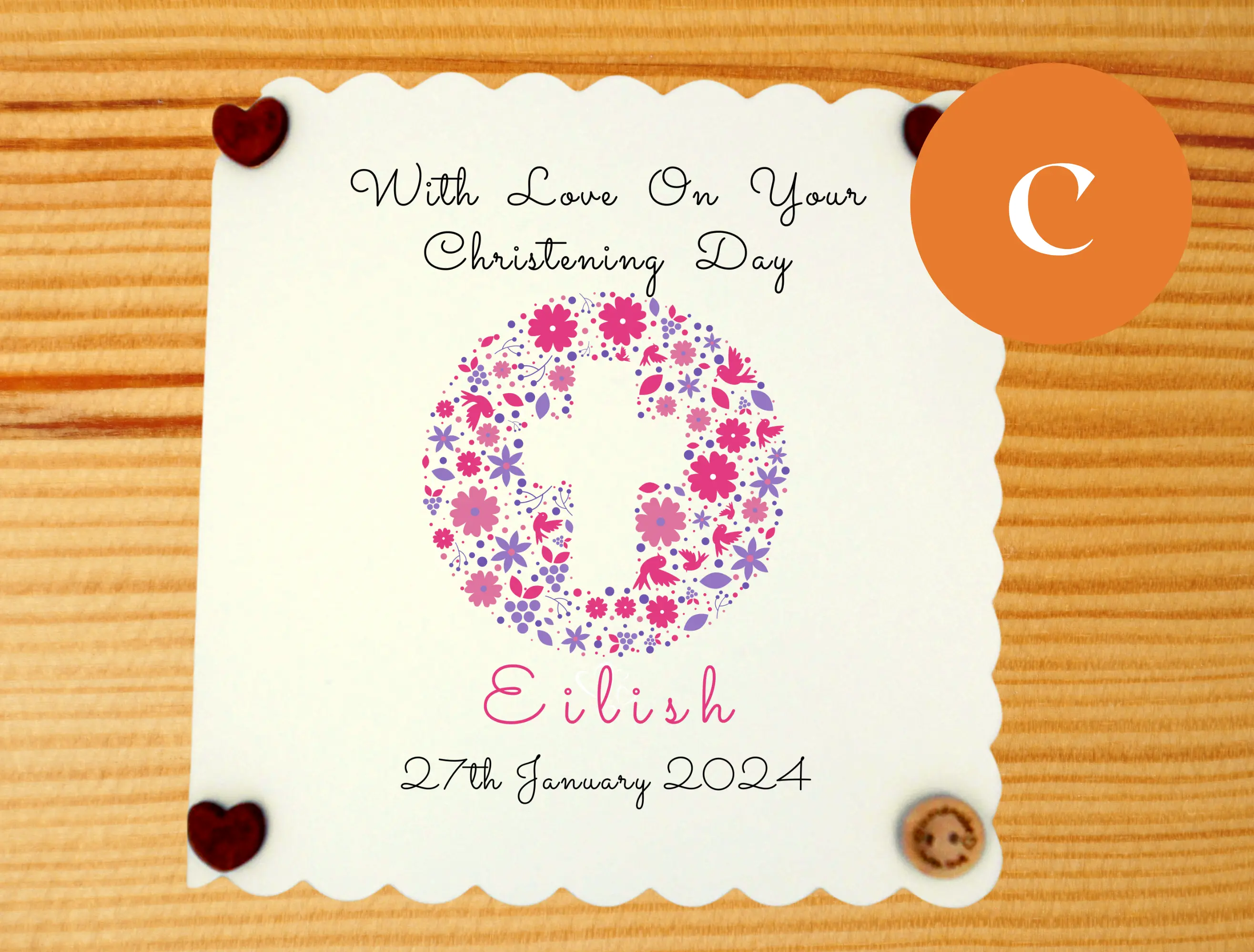 Personalised christening card floral cross boy or girl
