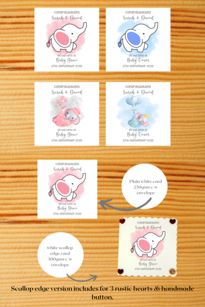 Personalised new baby boy girl cards elephants