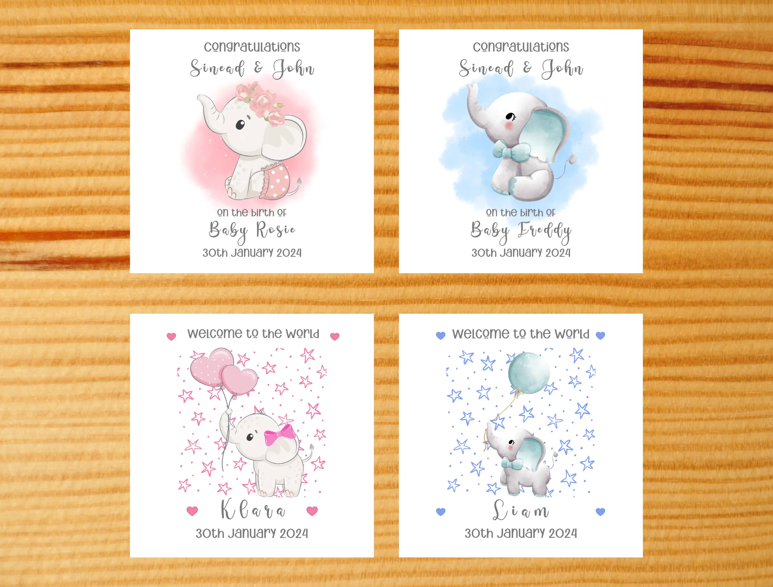 Personalised new baby card boy or girl cute elephants watercolor