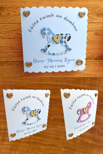 Personalised new baby card rocking horse boy or girl