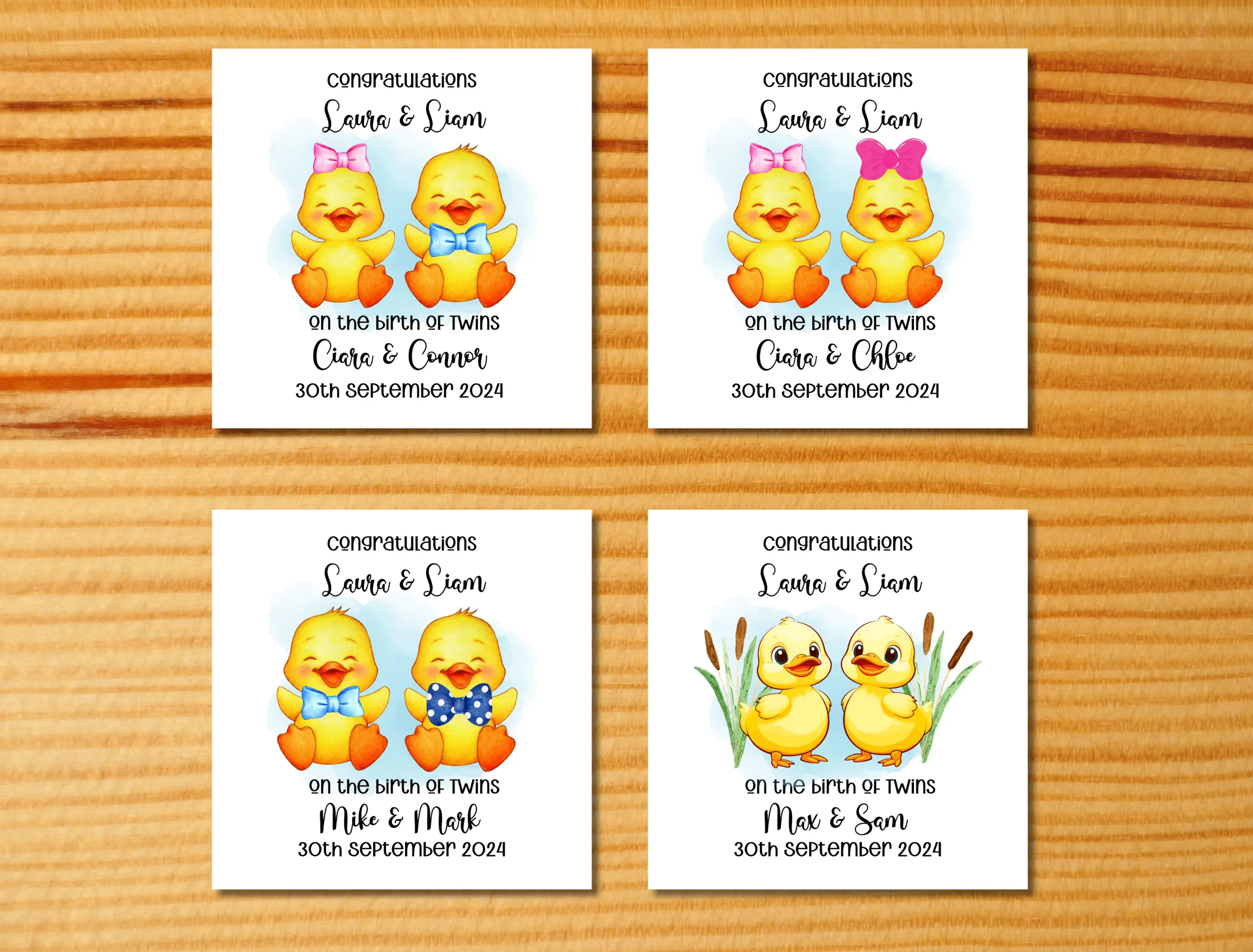 Personalised new baby card with cute ducks and bows