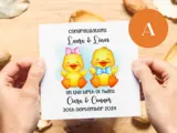 Personalised new baby card with cute ducks and bows