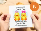 Personalised new baby card with cute ducks and bows