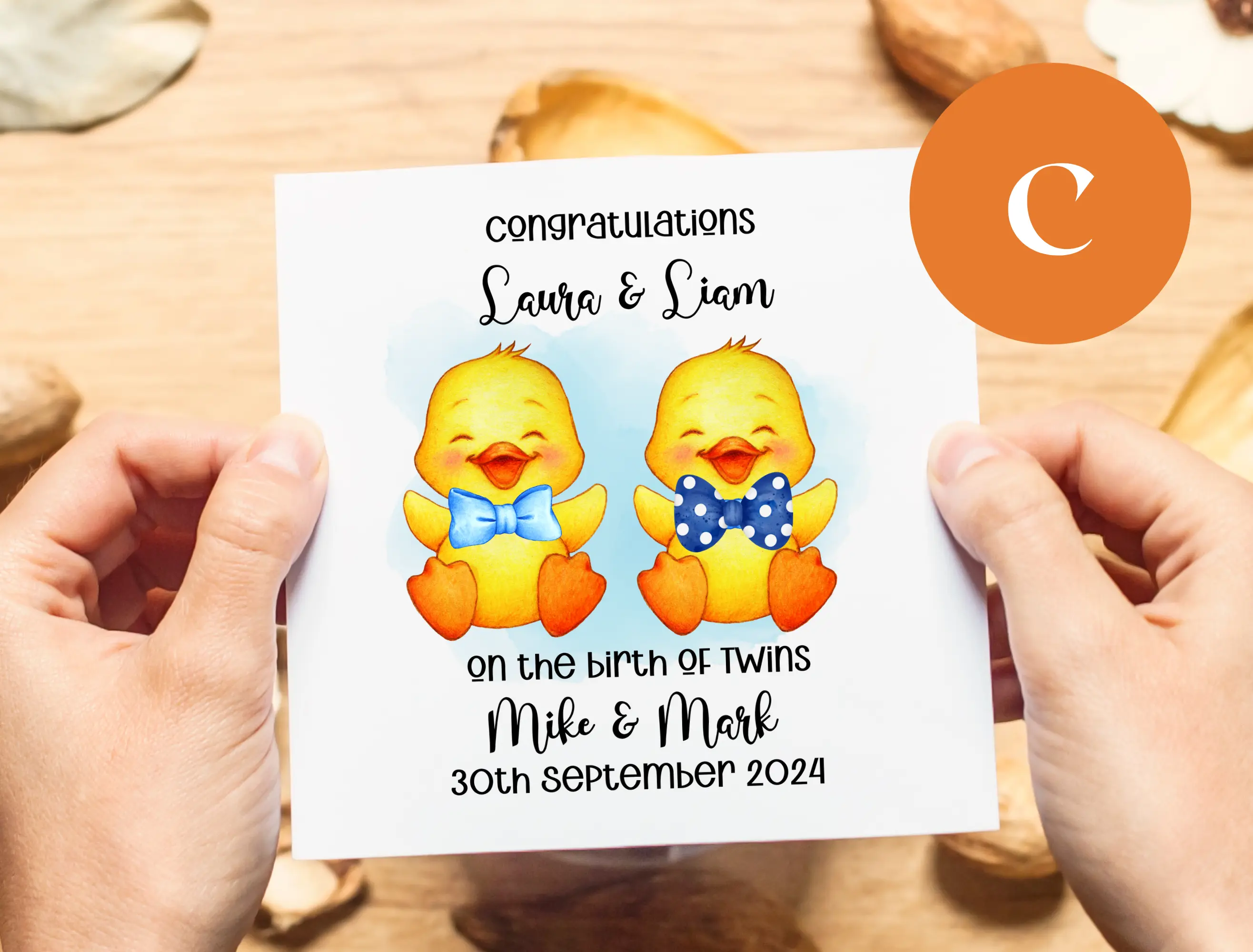 Personalised new baby card with cute ducks and bows