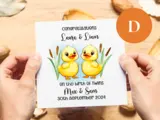 Personalised new baby card with cute ducks and bows