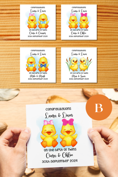 Personalised new baby card with cute ducks and bows