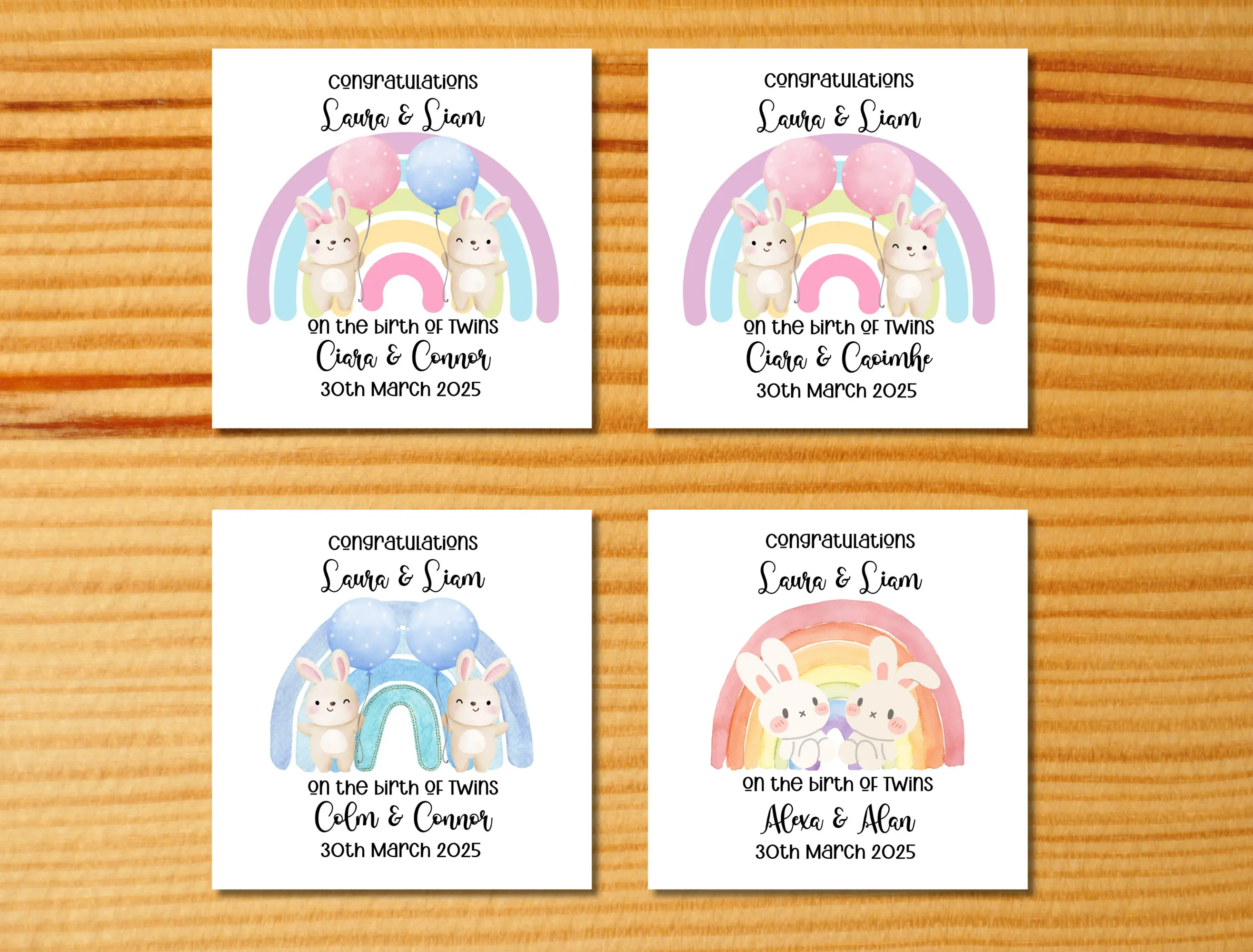 Personalised newborn twins card with cute bunnies rainbow