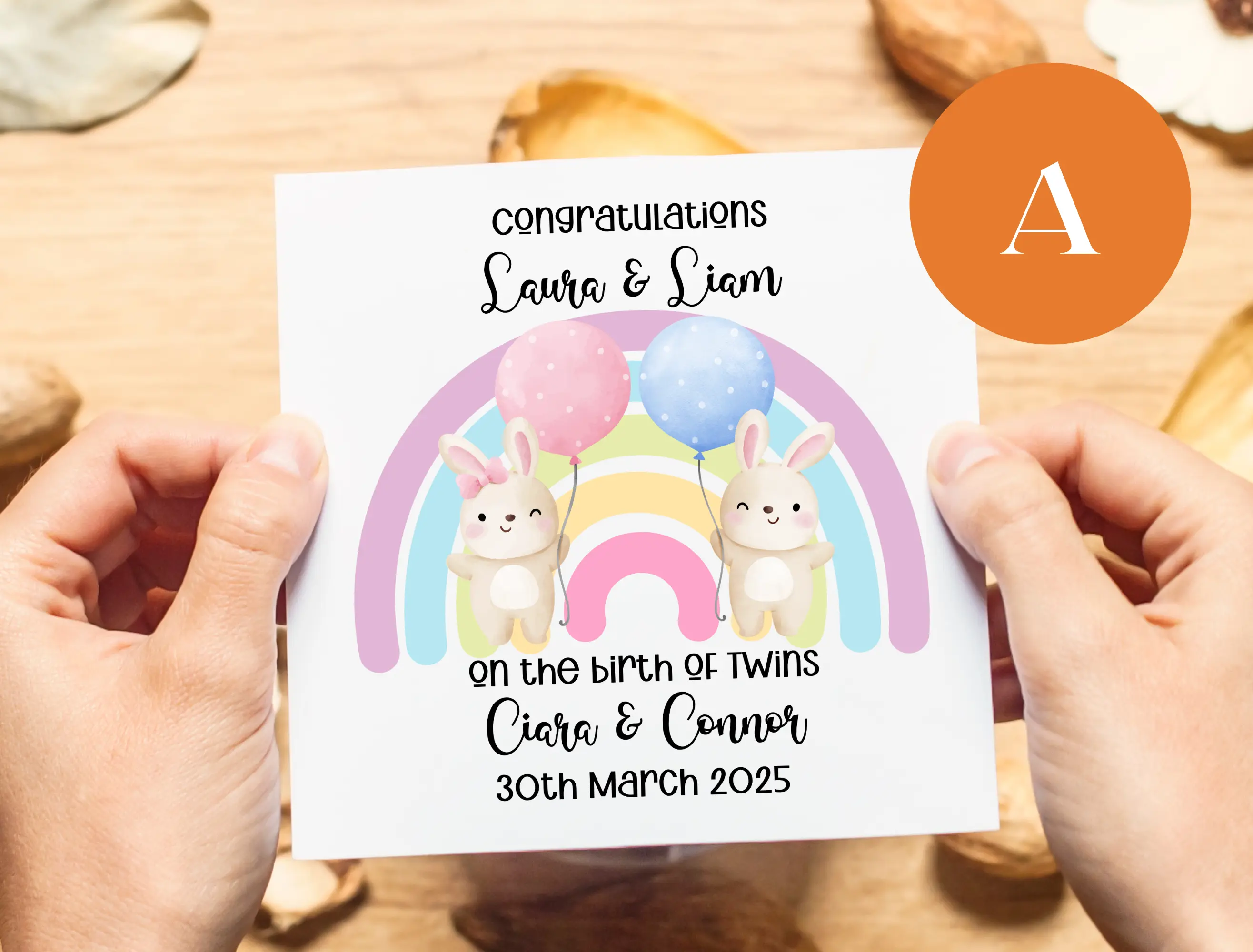 Personalised newborn twins card with cute bunnies rainbow