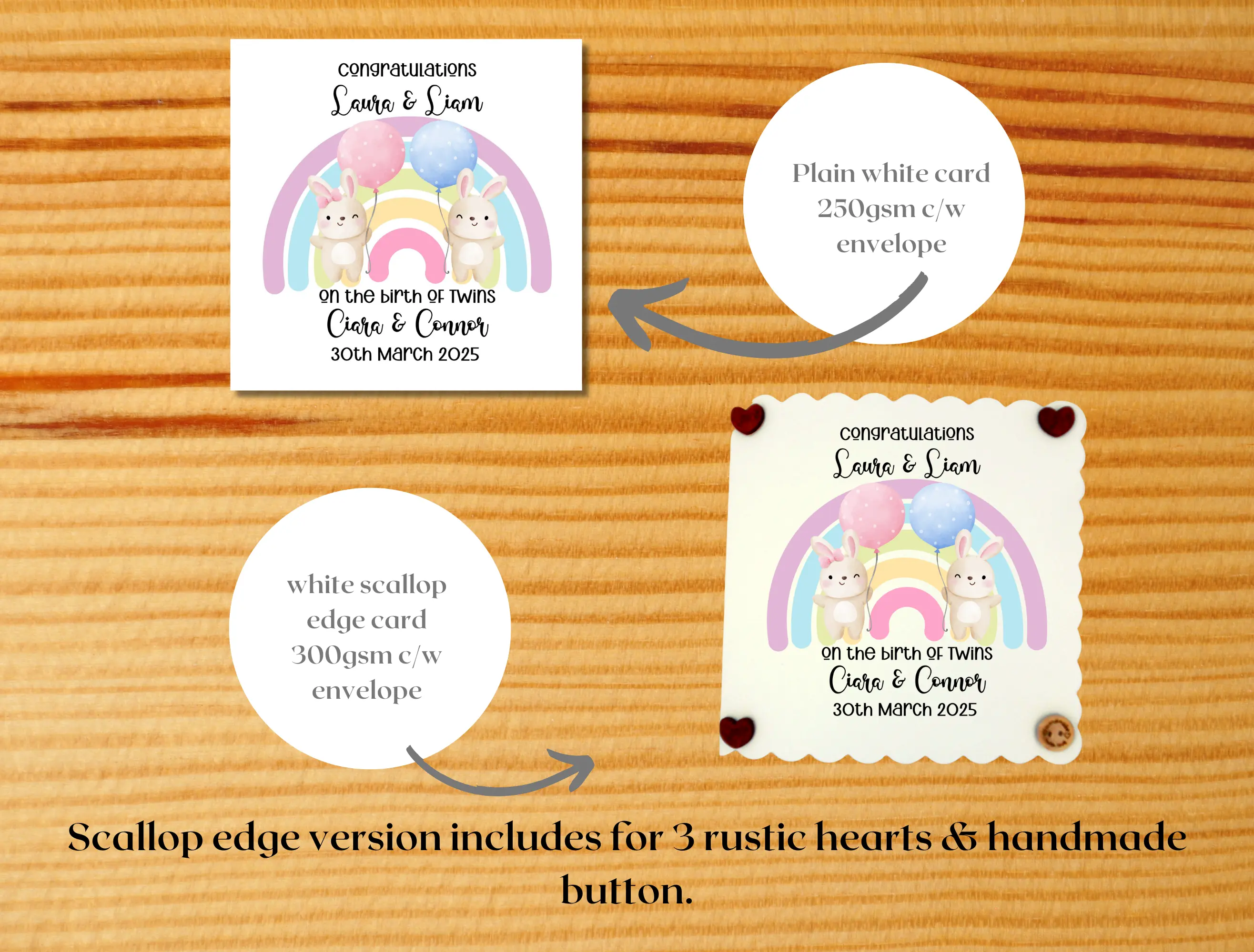 Personalised newborn twins card with cute bunnies rainbow