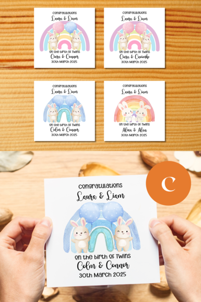 Personalised newborn twins card with cute bunnies rainbow