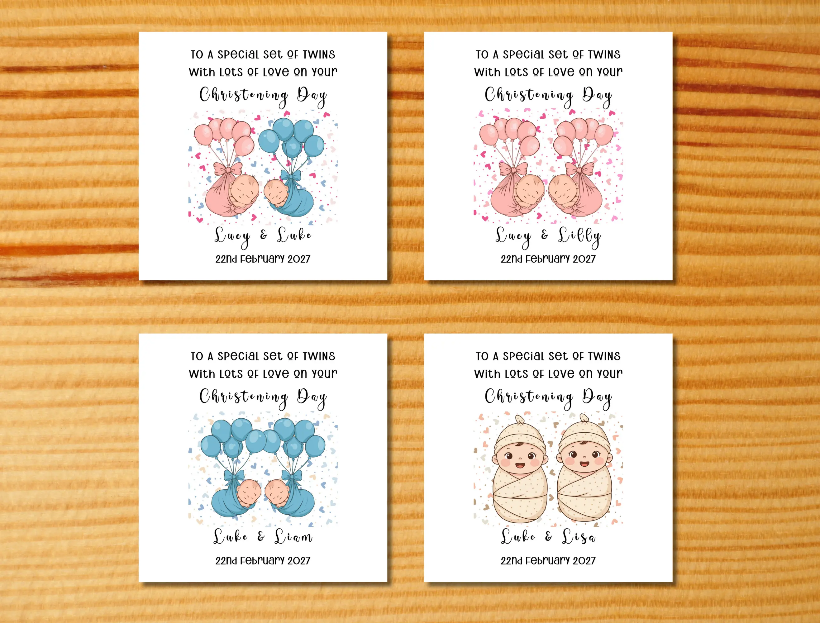 Personalised twins christening card balloons