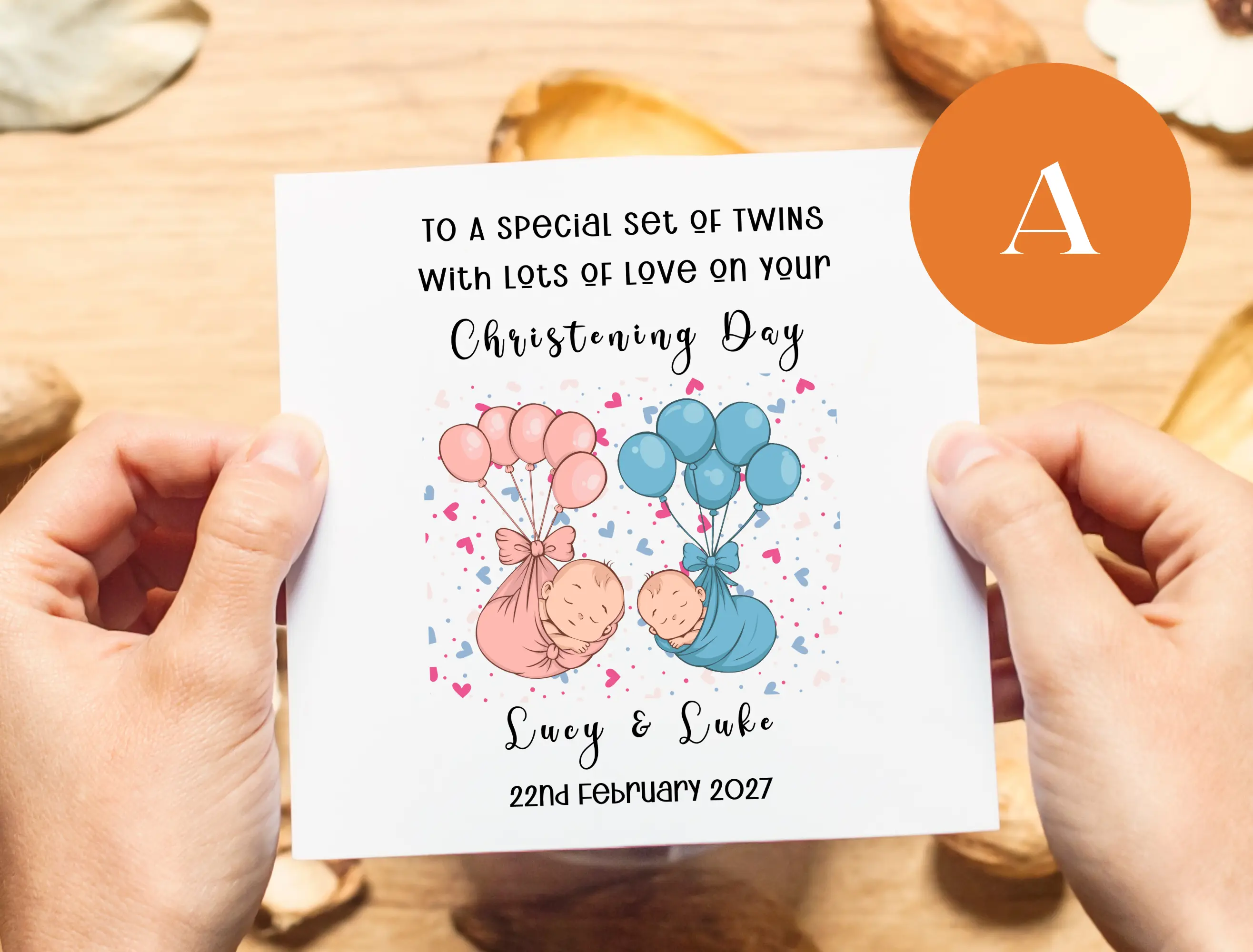 Personalised twins christening card balloons