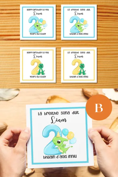 2nd birthday personalised card son cute dinosaur irish or english
