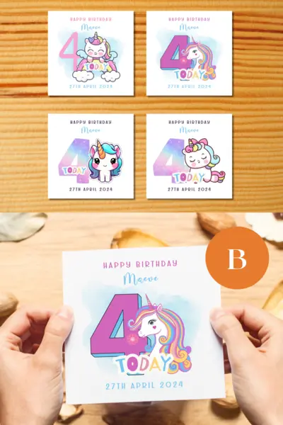 4th birthday card daughter cute unicorn pink purple