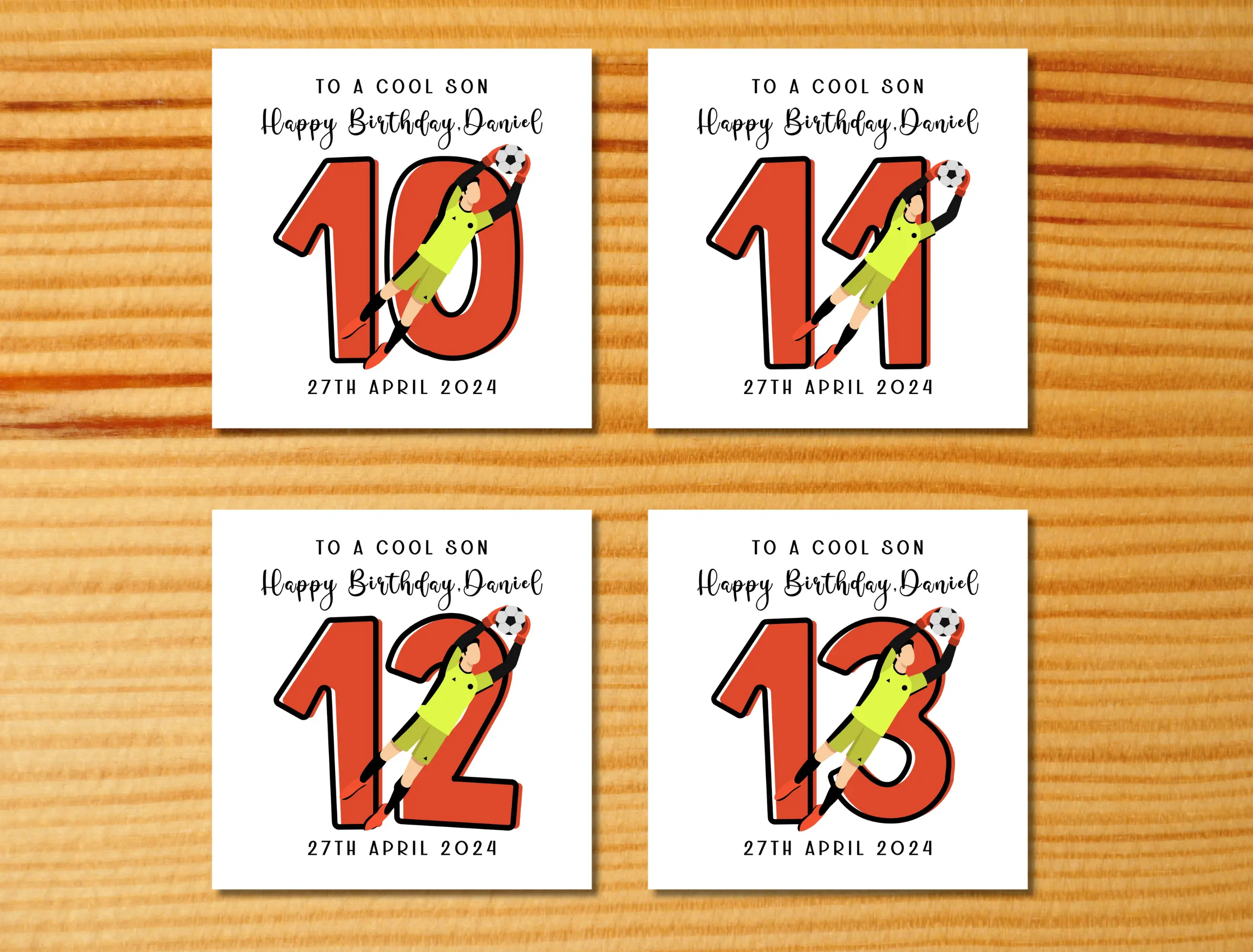 Age 10 11 12 13 goalie goal keeper football birthday card for son