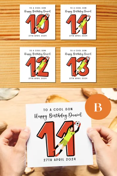Age 10 11 12 13 goalie goal keeper football birthday card for son