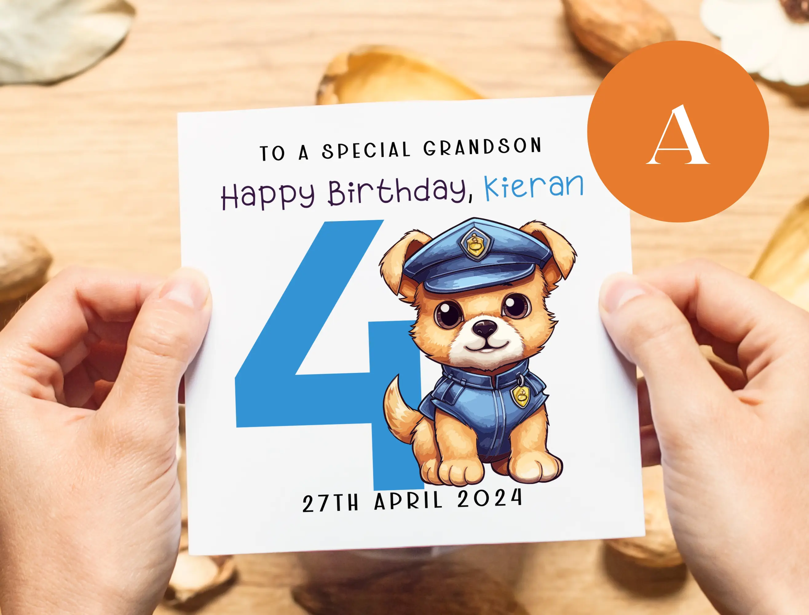 Age 4 5 6 7 cute police dog birthday card personalised for grandson