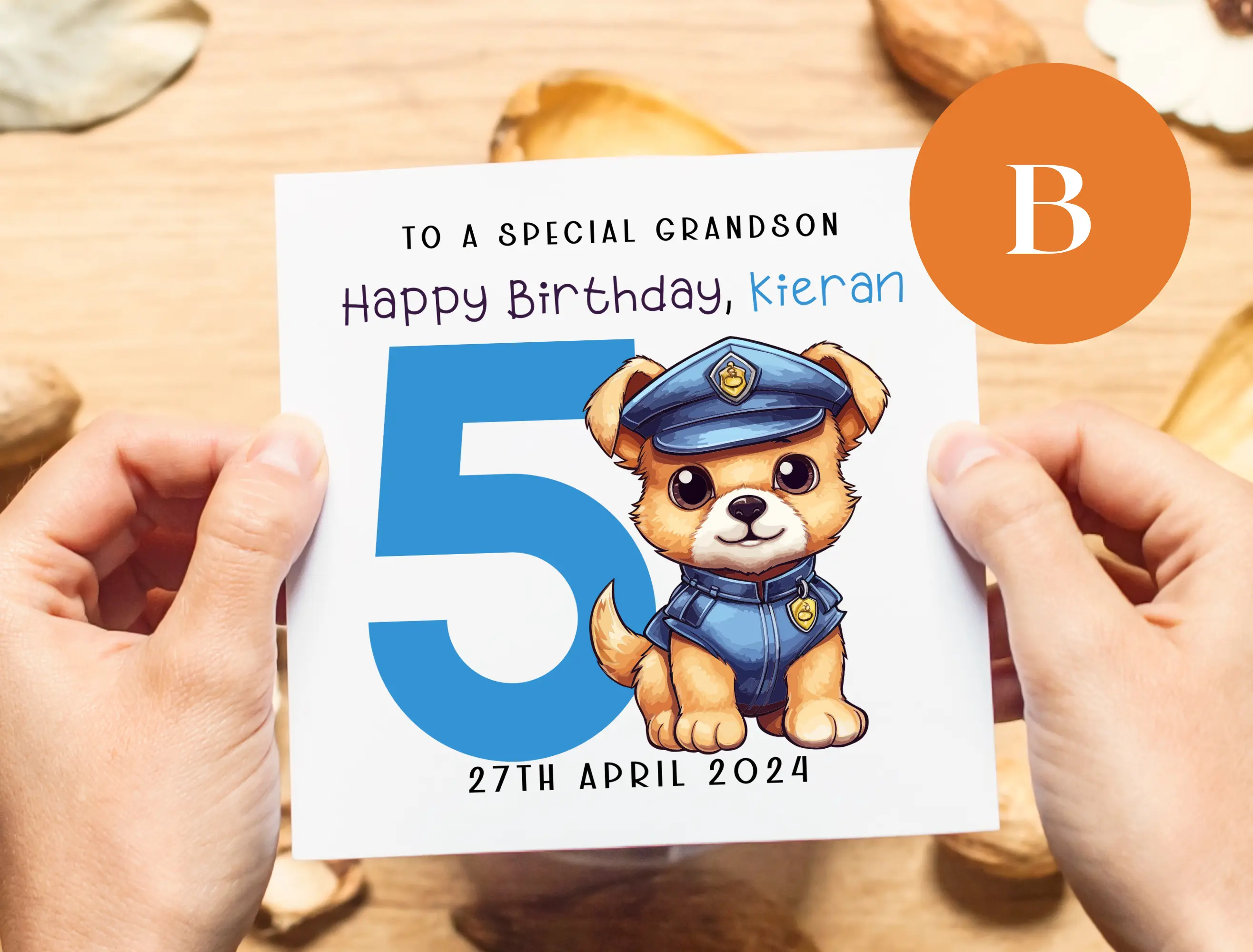 Age 4 5 6 7 cute police dog birthday card personalised for grandson
