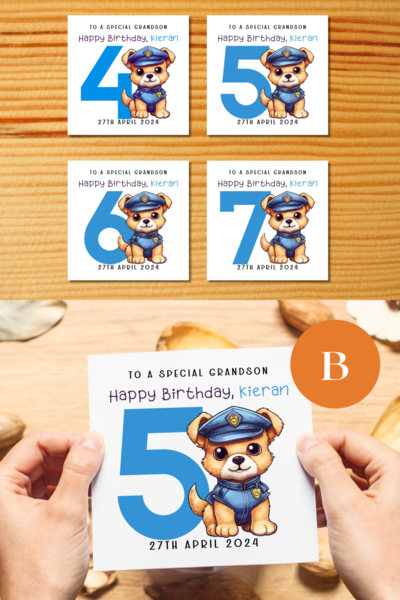 Age 4 5 6 7 cute police dog birthday card personalised for grandson