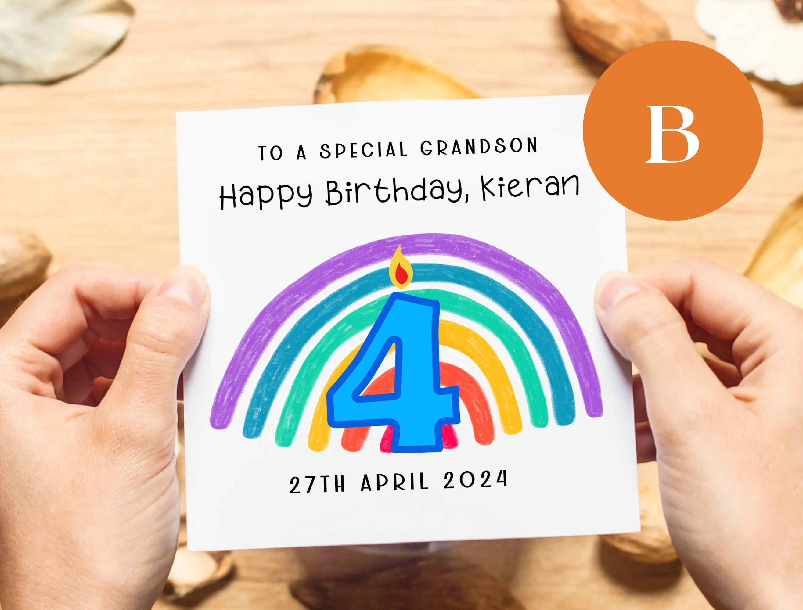 Age 4 personalised grandson birthday card cute candles rainbows