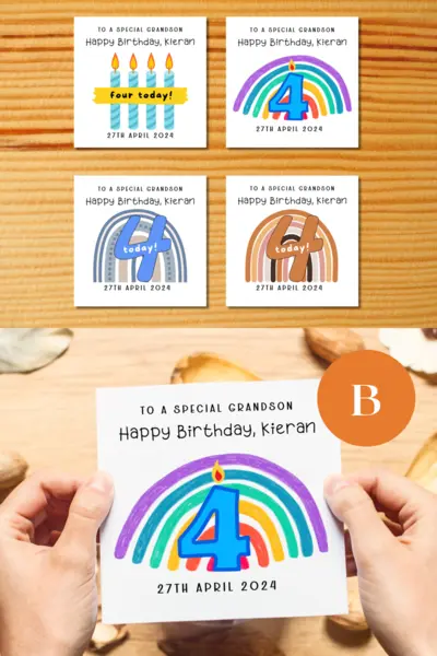 Age 4 personalised grandson birthday card cute candles rainbows