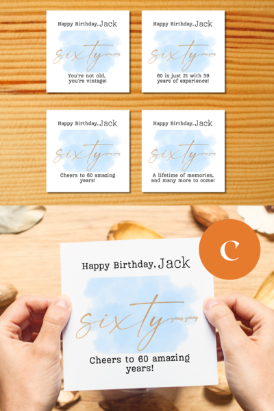 Funny 60th birthday card for him elegant blue gold watercolor