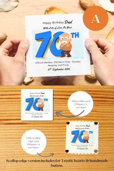 Funny 70th birthday card for dad grandad handmade in ireland