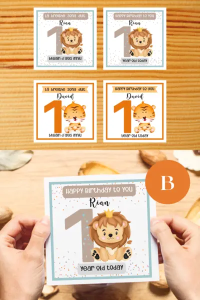 Personalised 1st birthday card cute lion or tiger