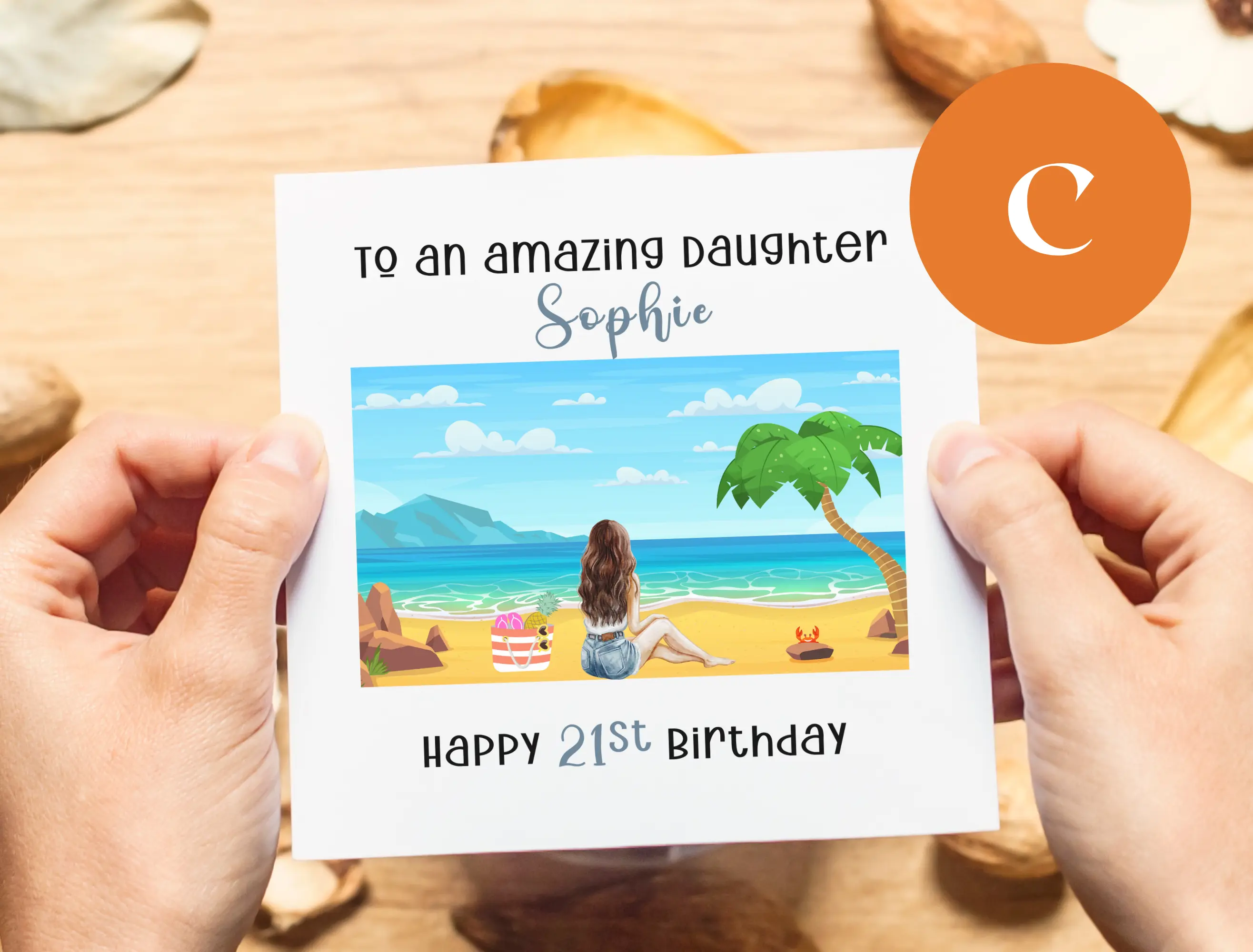 Personalised 21st birthday card girl beach travel