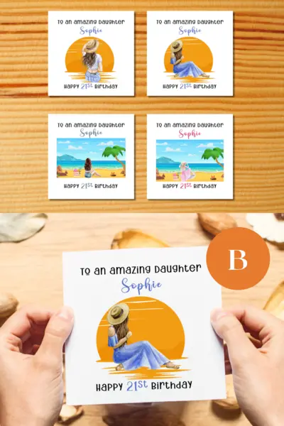 Personalised 21st birthday card girl beach travel