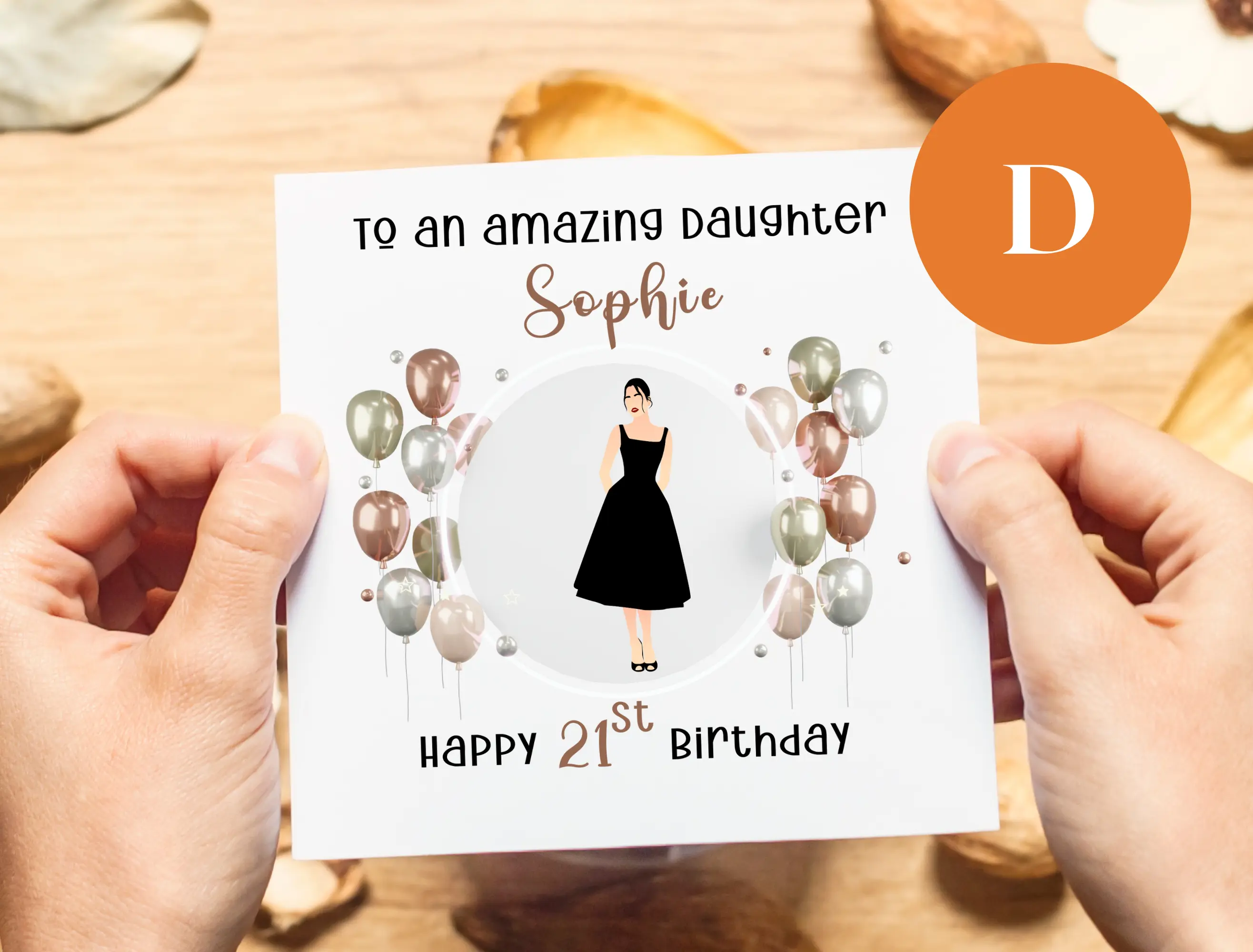 Personalised 21st birthday card girl black dress balloons