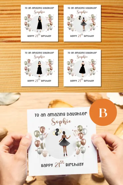 Personalised 21st birthday card girl black dress balloons