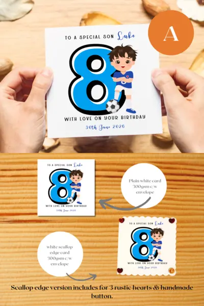 Personalised 8th birthday card  son grandson nephew godson football
