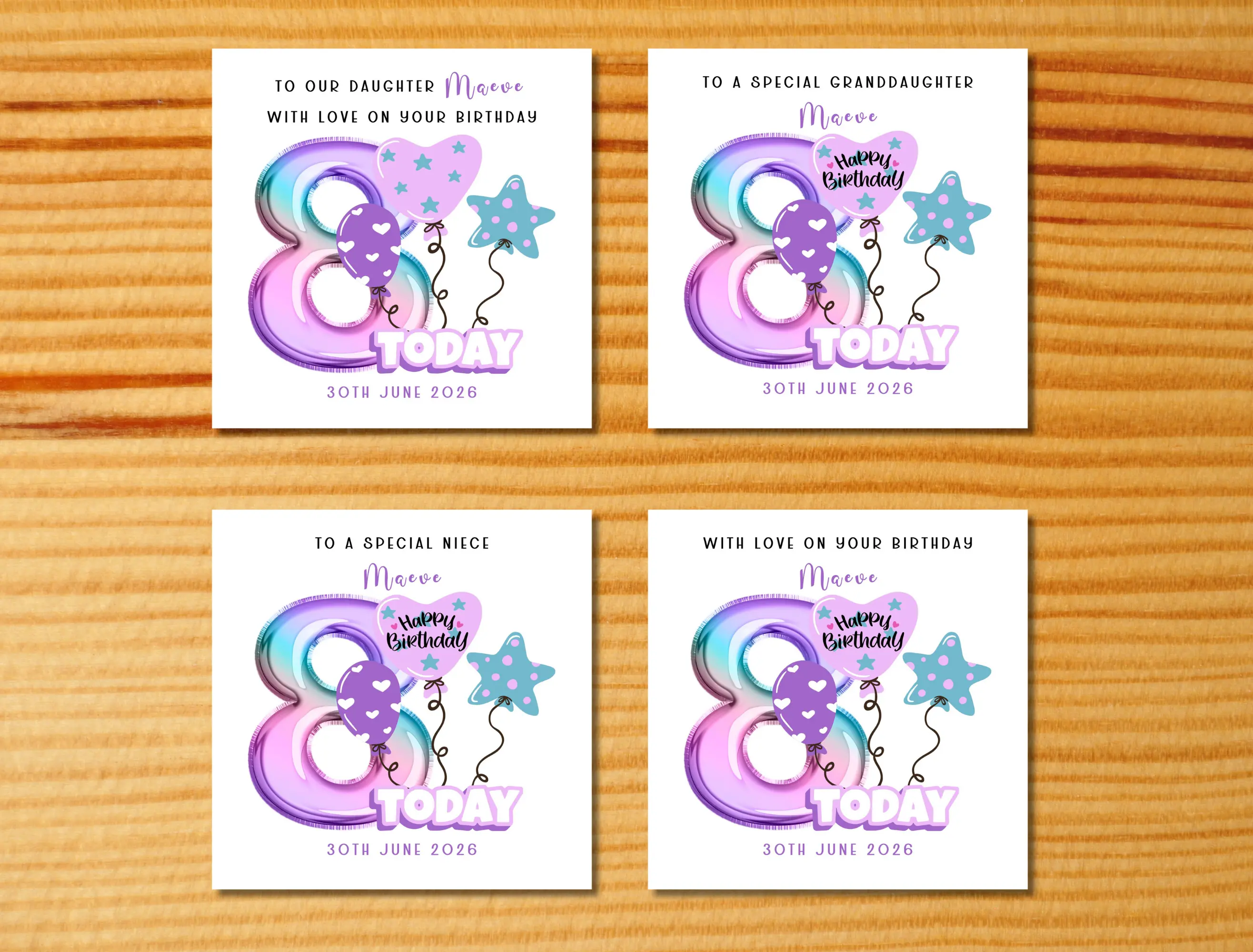 Personalised 8th birthday card rainbow pastel balloons daughter granddaughter niece