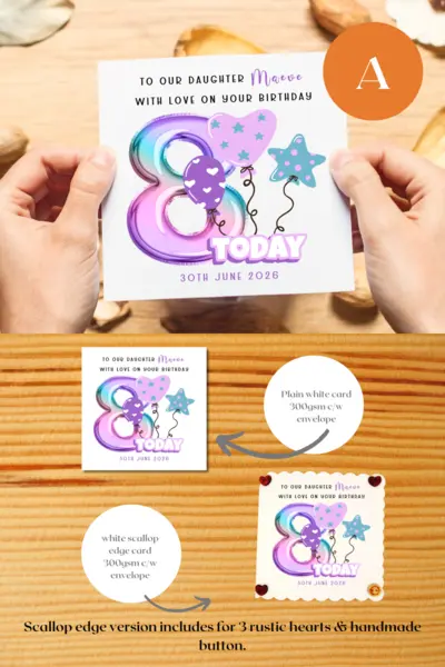 Personalised 8th birthday card rainbow pastel balloons daughter granddaughter niece