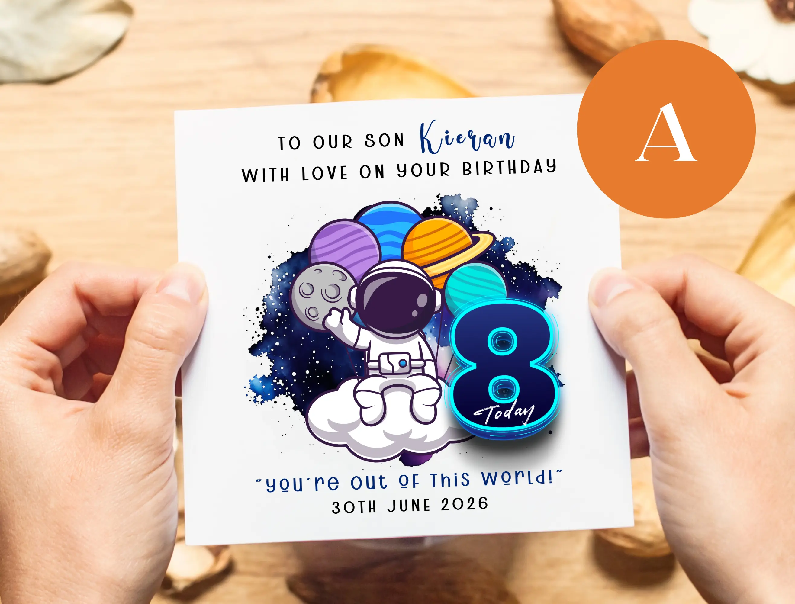 Personalised 8th birthday card son grandson godson nephew space