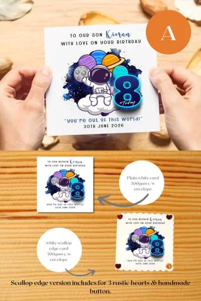 Personalised 8th birthday card son grandson godson nephew space